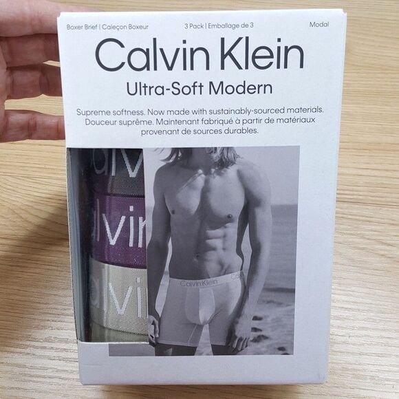 CALVIN KLEIN Boxer Brief Mens Small Gray Plum Tan 3-Pack Ultra Soft Modern Logo - Picture 2 of 6